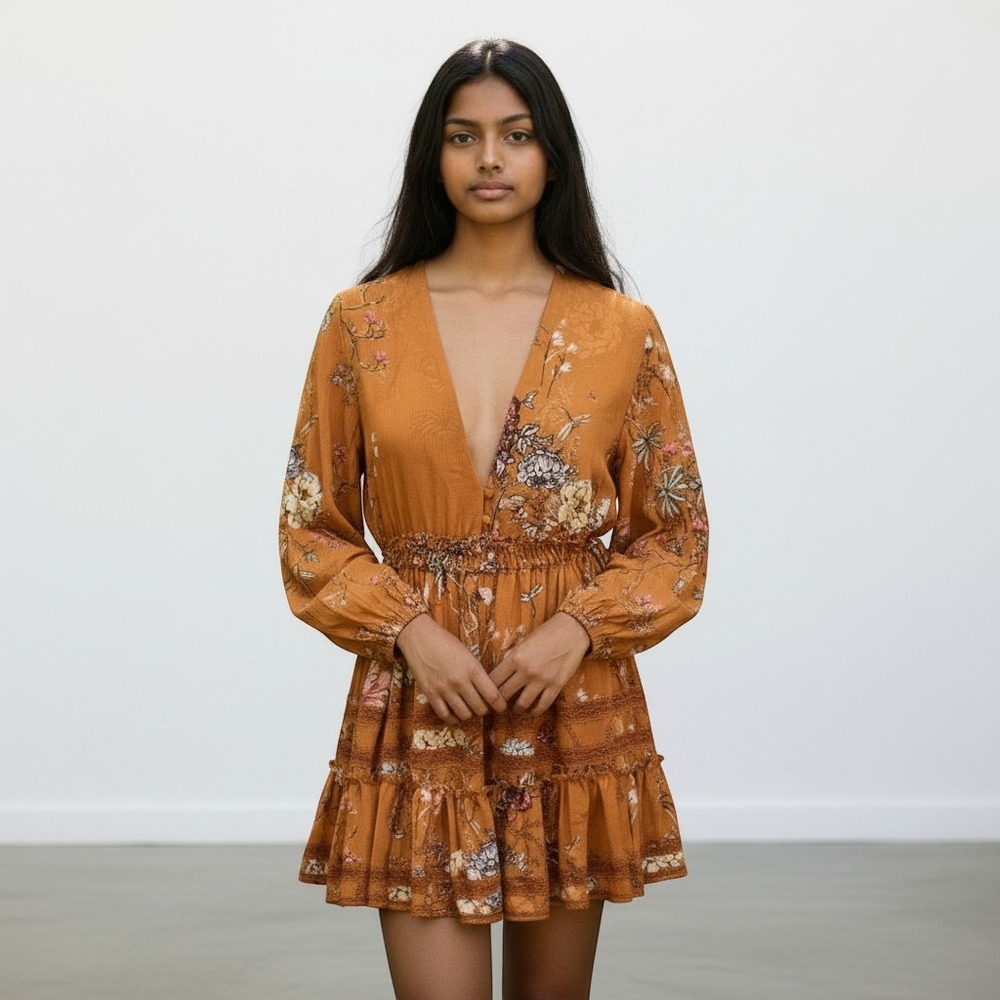 NEW Free People Boho Cherry Blossom Mini Dress S Topaz Combo Tiered Ruffle